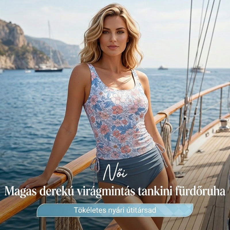 🌼Női, magas derekú, virágmintás tankini fürdőruha