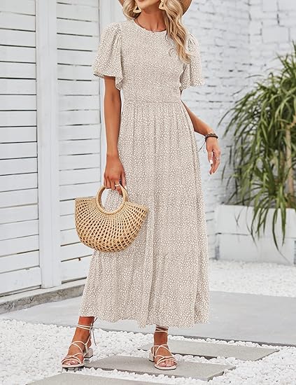 👗Dámské ležérní maxišaty s květinovým potiskem, krátkými volánkovými rukávy, řasením a vysokým pasem