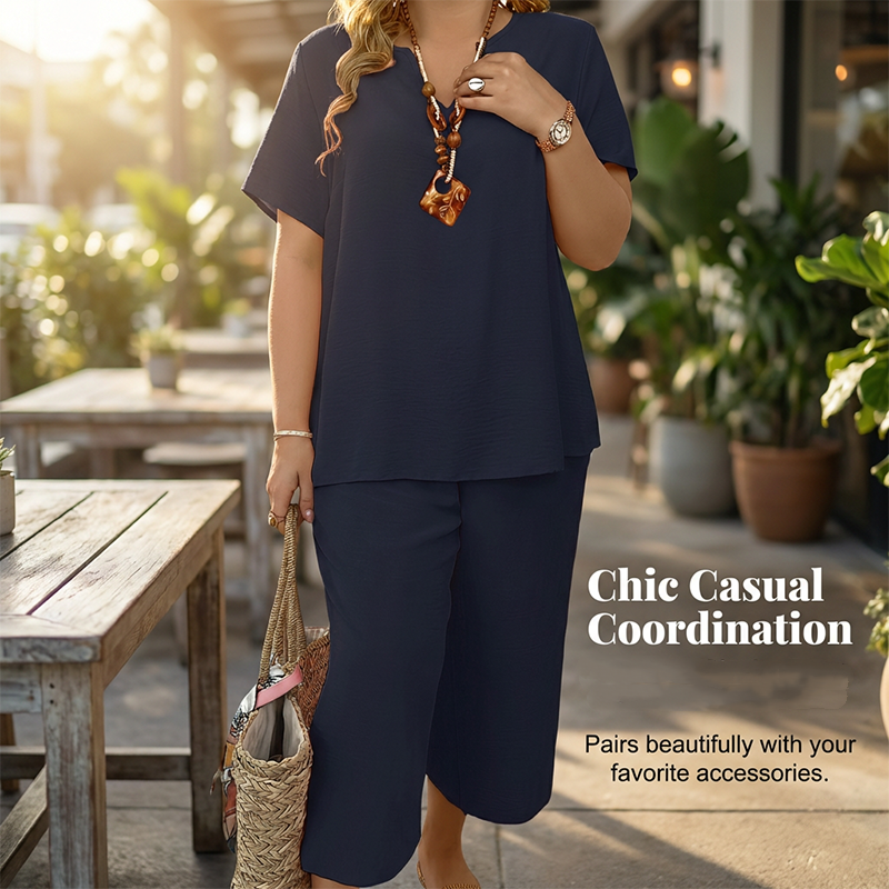 Dámský ležérní set z topu s krátkým rukávem a kalhot s širokými nohavicemi