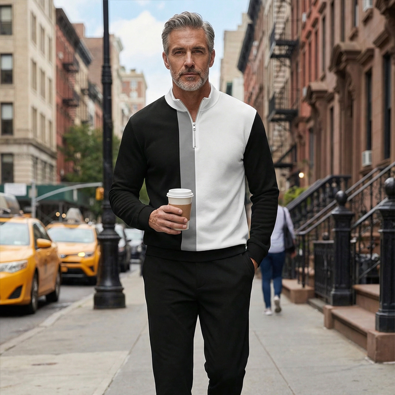 Pánská tepláková souprava s barevnými bloky 🏃 – s mikinou s čtvrtinovým zipem a kalhotami