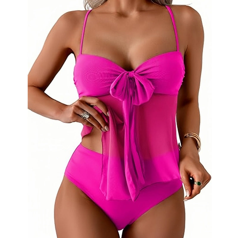👙 Síťovaná tankini sada – zavazování vpředu a vysoký pas, tvarující břicho | Francouzské retro plavky ☀️🎀🌊