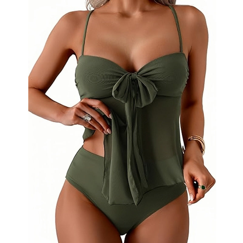 👙 Síťovaná tankini sada – zavazování vpředu a vysoký pas, tvarující břicho | Francouzské retro plavky ☀️🎀🌊