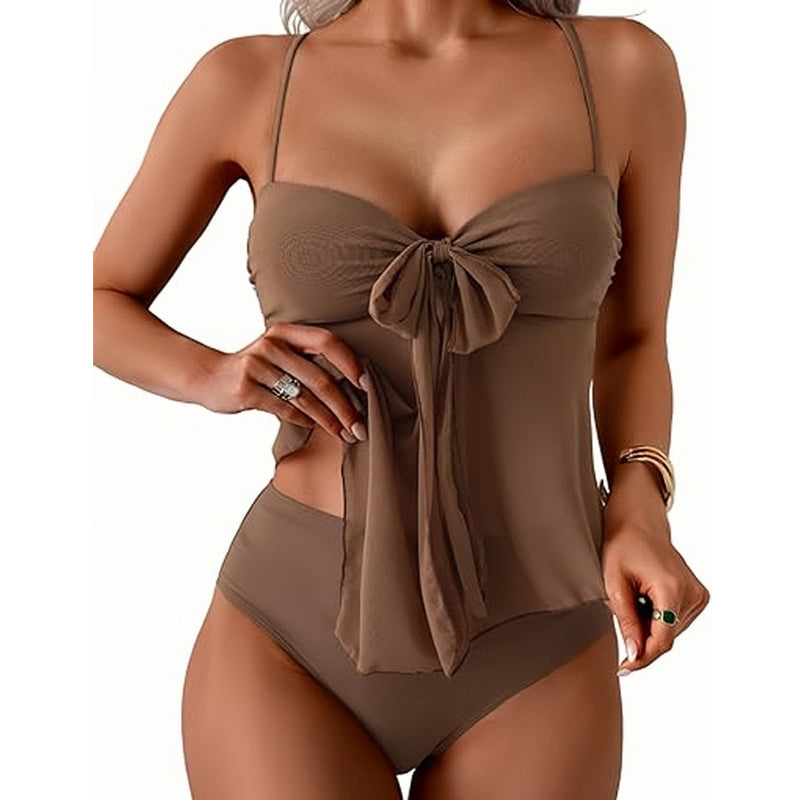 👙 Síťovaná tankini sada – zavazování vpředu a vysoký pas, tvarující břicho | Francouzské retro plavky ☀️🎀🌊