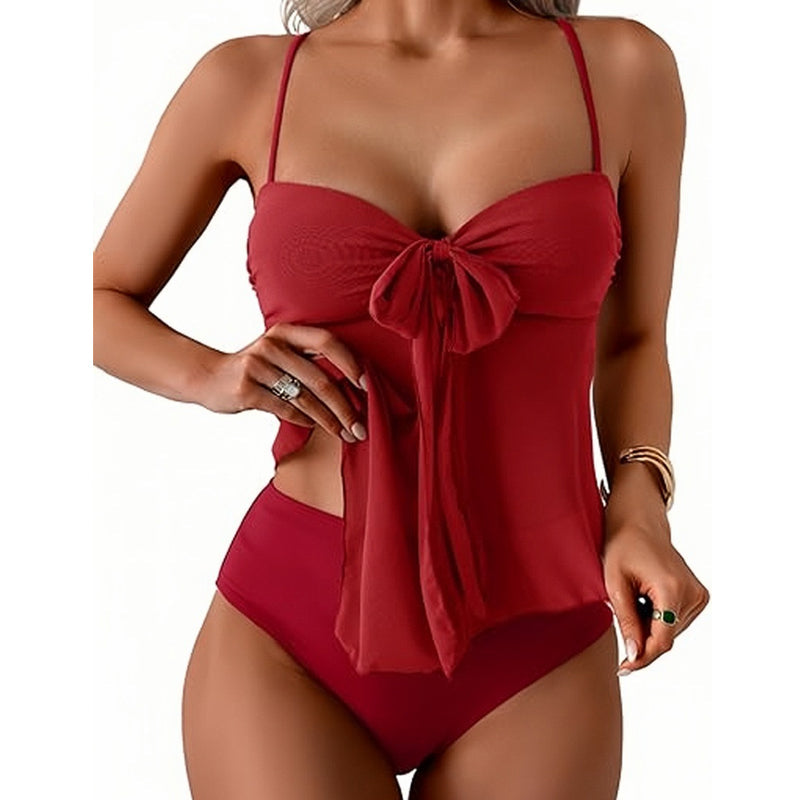 👙 Síťovaná tankini sada – zavazování vpředu a vysoký pas, tvarující břicho | Francouzské retro plavky ☀️🎀🌊