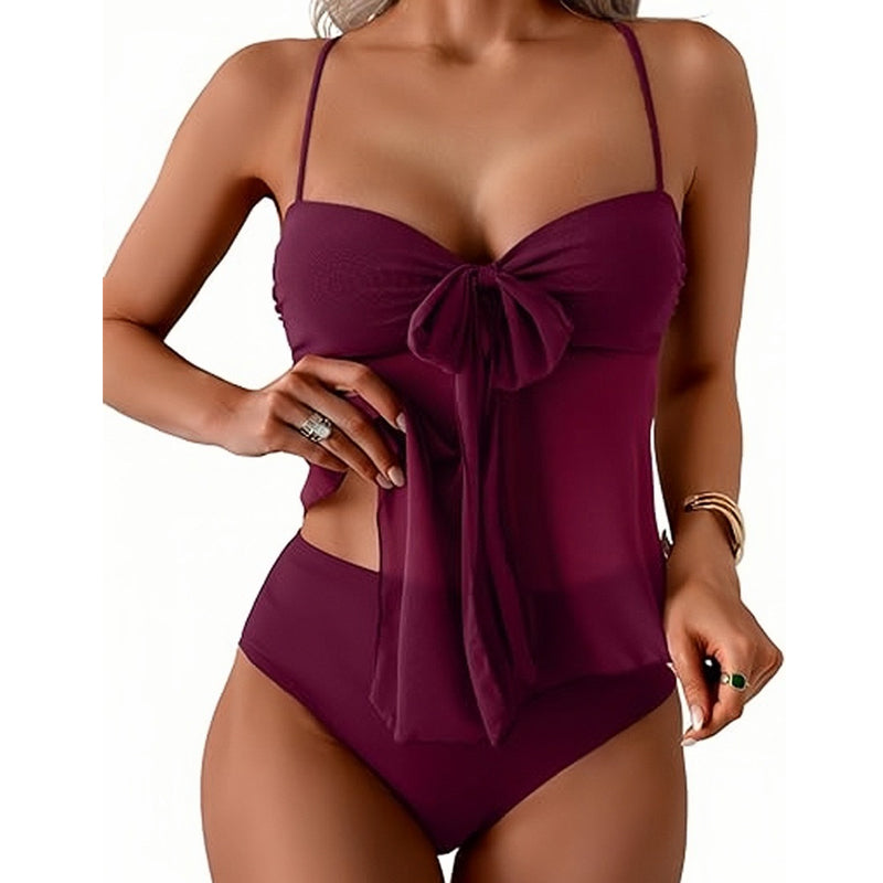 👙 Síťovaná tankini sada – zavazování vpředu a vysoký pas, tvarující břicho | Francouzské retro plavky ☀️🎀🌊